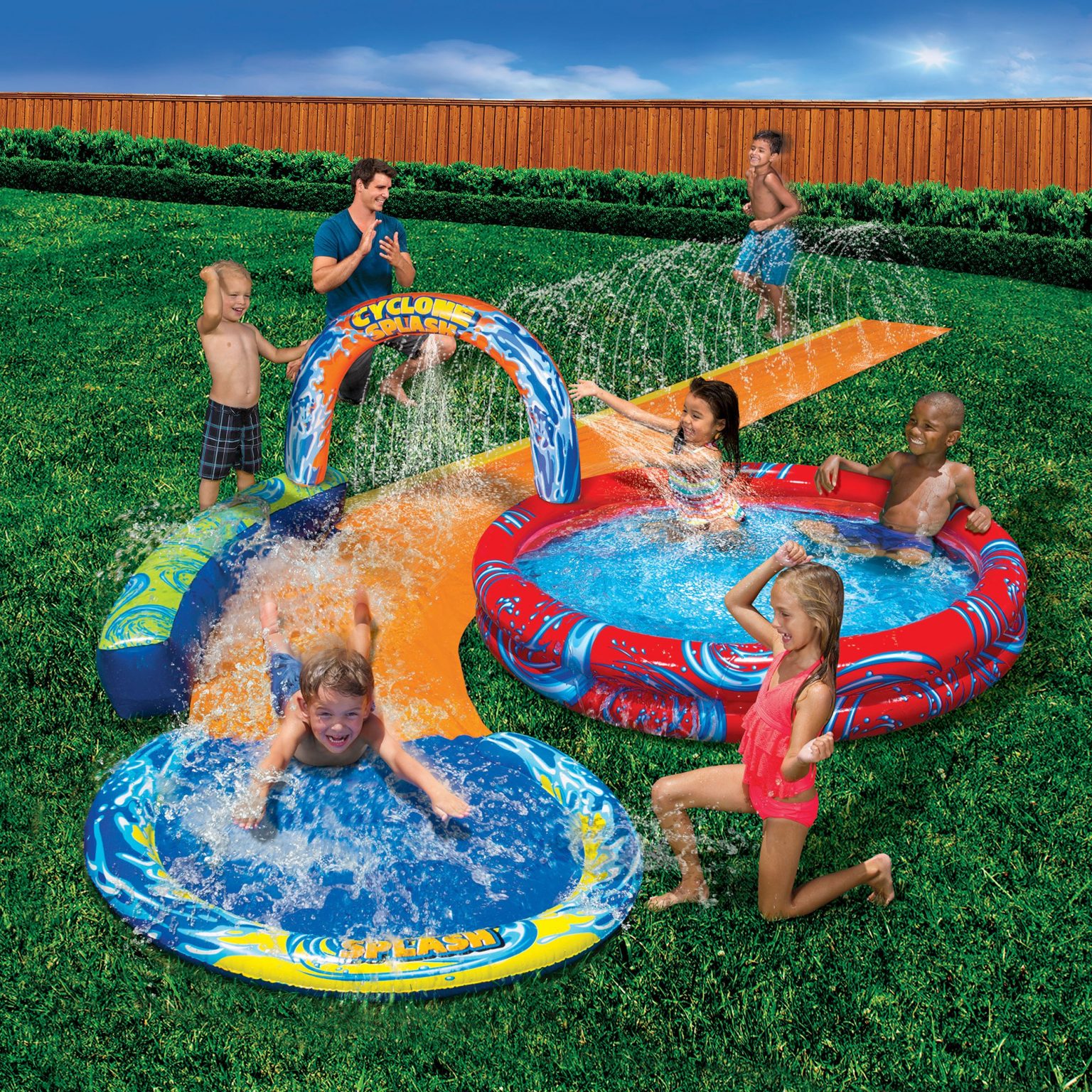 BANZAI Cyclone Splash Park 3-in-1 Sprinkler, Pool and Curved Slide ...